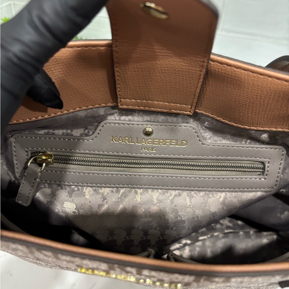 Karl Lagerfeld Paris Monogram Tote Bag Brown Logo Canvas Shoulder Bag w/ Charms - Picture 10 of 12